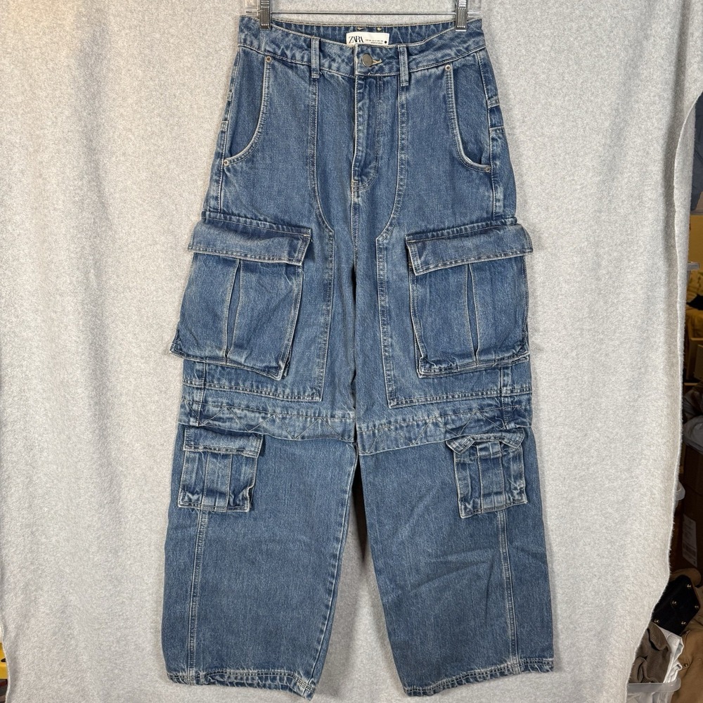 Zara Wide Leg Cargo Denim Jeans Women US 2 Size 28 Blue Baggy 9632 072